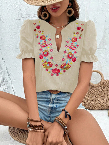 Floral Embroidered Notched Neck Casual Holiday Short Sleeve Shirt