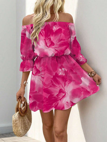 Breezaya Off-Shoulder Printed Dress With Waist Belt Vacation Beach Outfits Women