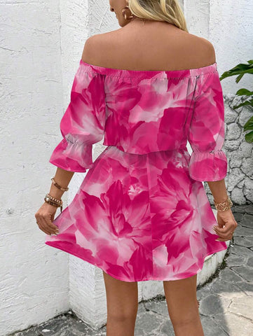 Breezaya Off-Shoulder Printed Dress With Waist Belt Vacation Beach Outfits Women