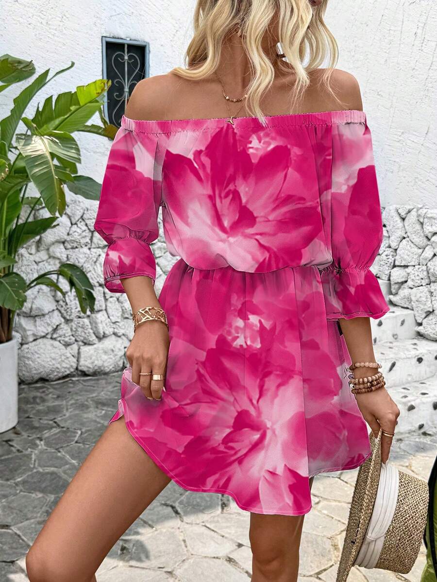 Breezaya Off-Shoulder Printed Dress With Waist Belt Vacation Beach Outfits Women