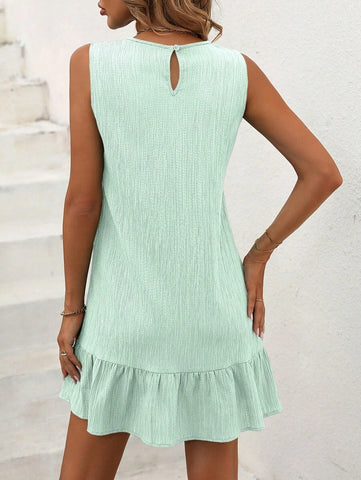 Breezaya Women Fashionable Solid Textured Ruffle Hem Sleeveless Dress Summer Vacation Beach Outfit