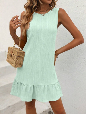 Breezaya Women Fashionable Solid Textured Ruffle Hem Sleeveless Dress Summer Vacation Beach Outfit
