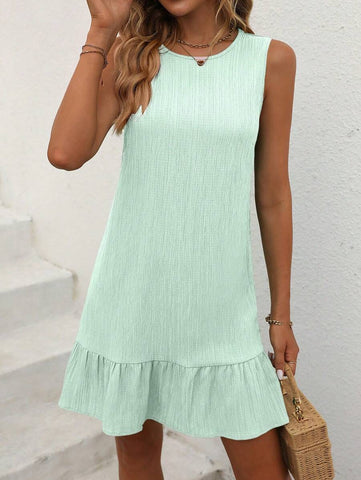 Breezaya Women Fashionable Solid Textured Ruffle Hem Sleeveless Dress Summer Vacation Beach Outfit