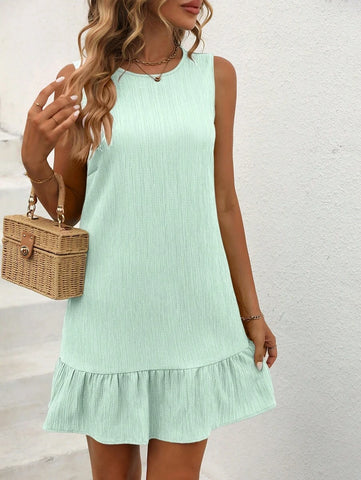 Breezaya Women Fashionable Solid Textured Ruffle Hem Sleeveless Dress Summer Vacation Beach Outfit