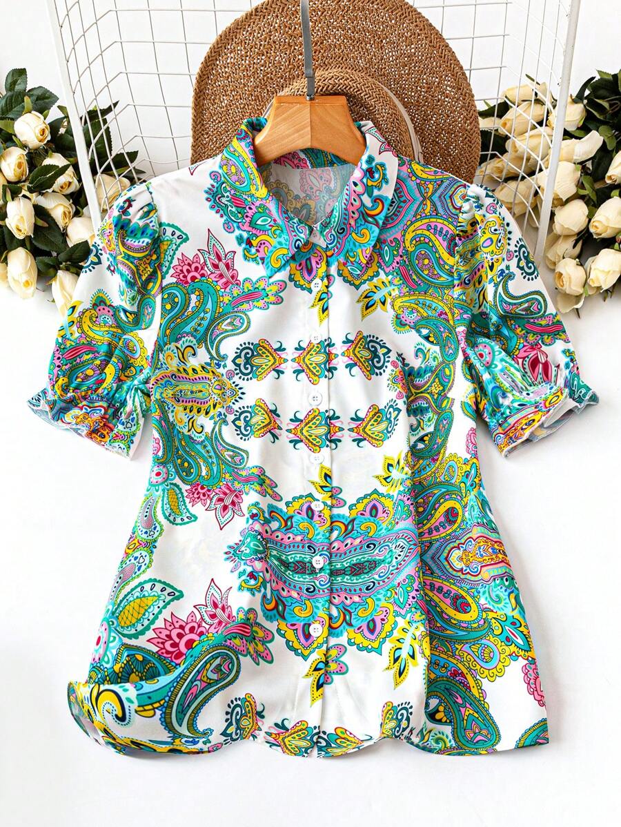 Women's Paisley Print Turndown Collar H-Line Casual Vacation Office Wear Short Sleeve Blouse