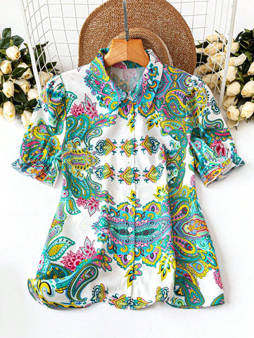 Women's Paisley Print Turndown Collar H-Line Casual Vacation Office Wear Short Sleeve Blouse
