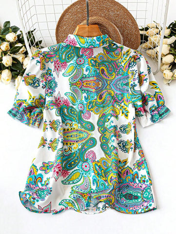 Women's Paisley Print Turndown Collar H-Line Casual Vacation Office Wear Short Sleeve Blouse