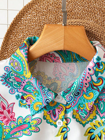 Women's Paisley Print Turndown Collar H-Line Casual Vacation Office Wear Short Sleeve Blouse
