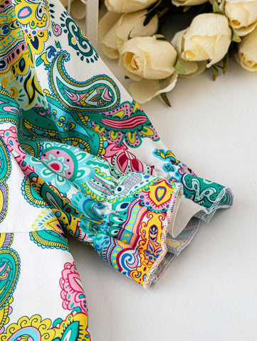 Women's Paisley Print Turndown Collar H-Line Casual Vacation Office Wear Short Sleeve Blouse