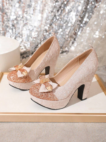 Bridal Mary Jane Weddings Shoes, Exquisite High Heels With Platform, Champagne Color,