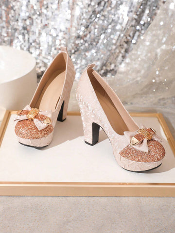 Bridal Mary Jane Weddings Shoes, Exquisite High Heels With Platform, Champagne Color,