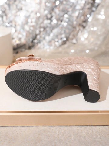 Bridal Mary Jane Weddings Shoes, Exquisite High Heels With Platform, Champagne Color,