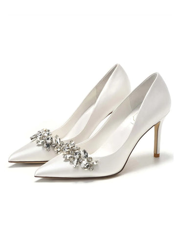 Bridal Shoes Women's White High Heels, Pointed Toe Rhinestone Satin Dress Shoes, Wedding Party