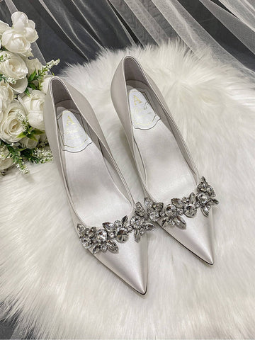 Bridal Shoes Women's White High Heels, Pointed Toe Rhinestone Satin Dress Shoes, Wedding Party