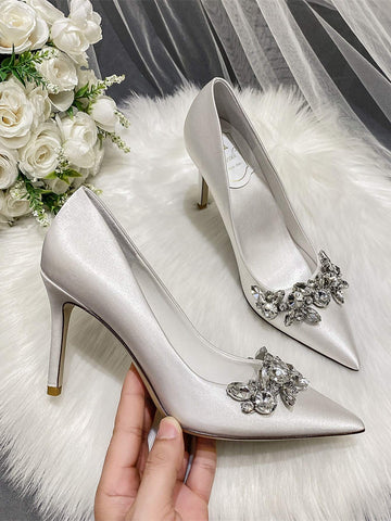 Bridal Shoes Women's White High Heels, Pointed Toe Rhinestone Satin Dress Shoes, Wedding Party