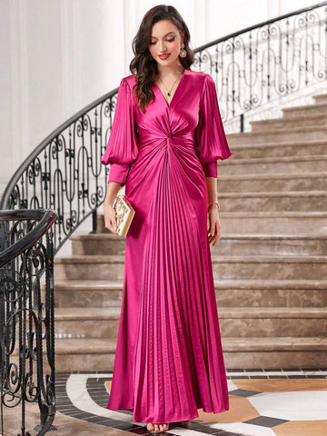 Bride's Mother Dress With Twisted Waist And Pleated Hemline