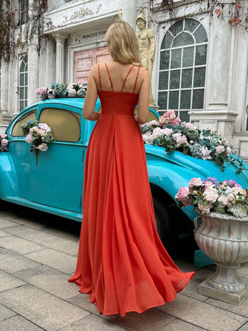 Bridesmaid Dress With Draped Fabric, High Slit And Spaghetti Straps