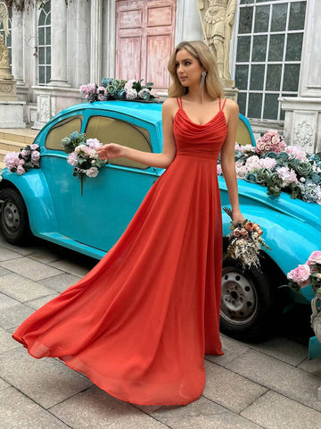 Bridesmaid Dress With Draped Fabric, High Slit And Spaghetti Straps