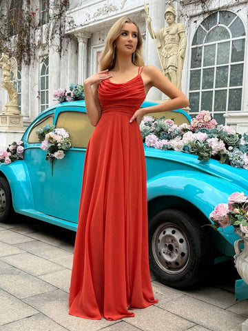 Bridesmaid Dress With Draped Fabric, High Slit And Spaghetti Straps