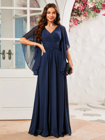 Bridesmaid Dress With Long Irregular Sleeves, Pleated Chiffon Dress Falling From The Waist To Ankle