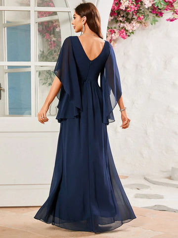 Bridesmaid Dress With Long Irregular Sleeves, Pleated Chiffon Dress Falling From The Waist To Ankle