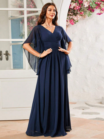 Bridesmaid Dress With Long Irregular Sleeves, Pleated Chiffon Dress Falling From The Waist To Ankle