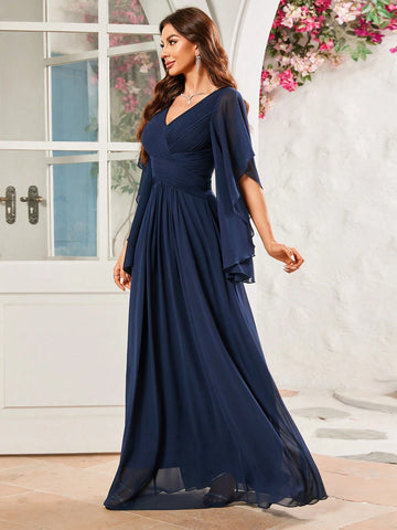 Bridesmaid Dress With Long Irregular Sleeves, Pleated Chiffon Dress Falling From The Waist To Ankle