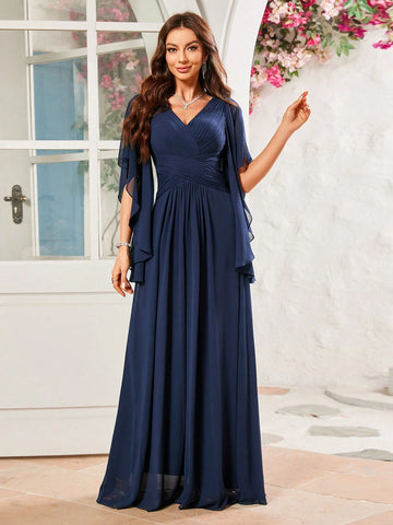 Bridesmaid Dress With Long Irregular Sleeves, Pleated Chiffon Dress Falling From The Waist To Ankle
