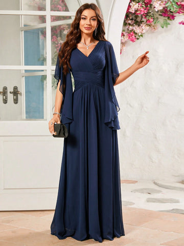 Bridesmaid Dress With Long Irregular Sleeves, Pleated Chiffon Dress Falling From The Waist To Ankle