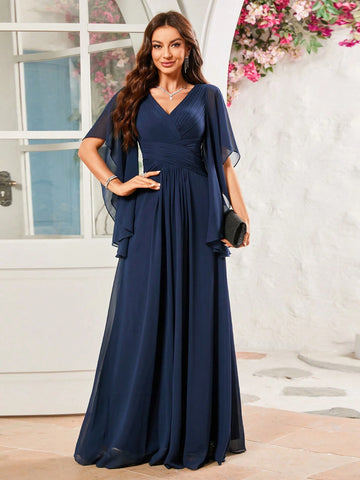 Bridesmaid Dress With Long Irregular Sleeves, Pleated Chiffon Dress Falling From The Waist To Ankle