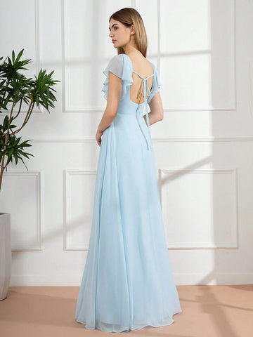 Bridesmaid Dress With Split Chiffon Skirt, Sweetheart Neckline And Flutter Sleeves
