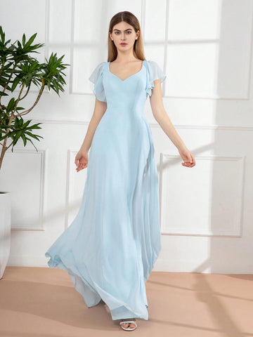 Bridesmaid Dress With Split Chiffon Skirt, Sweetheart Neckline And Flutter Sleeves
