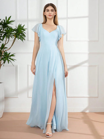 Bridesmaid Dress With Split Chiffon Skirt, Sweetheart Neckline And Flutter Sleeves