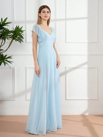 Bridesmaid Dress With Split Chiffon Skirt, Sweetheart Neckline And Flutter Sleeves