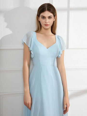Bridesmaid Dress With Split Chiffon Skirt, Sweetheart Neckline And Flutter Sleeves