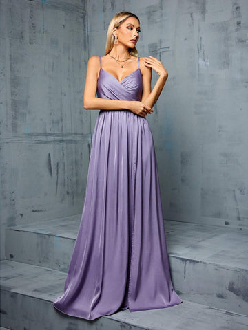 Bridesmaid Dress With V-Neck Spaghetti Straps, Irregular Pleats, Satin Fabric And Side Slit