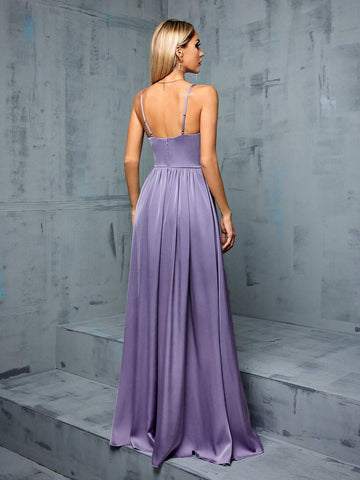 Bridesmaid Dress With V-Neck Spaghetti Straps, Irregular Pleats, Satin Fabric And Side Slit