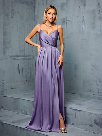 Bridesmaid Dress With V-Neck Spaghetti Straps, Irregular Pleats, Satin Fabric And Side Slit
