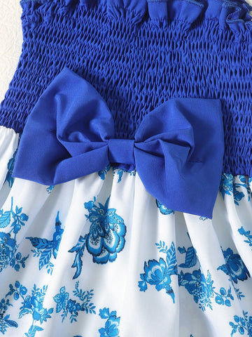 BrownBark 3pcs Girls' Summer Outfit - Spaghetti Strap Dress With Bowknot & Floral Print, Featuring Ruffle Waist And Spaghetti Strap