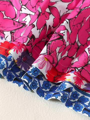 BrownBark 3pcs Girls' Summer Outfit - Spaghetti Strap Dress With Bowknot & Floral Print, Featuring Ruffle Waist And Spaghetti Strap