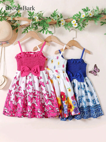 BrownBark 3pcs Girls' Summer Outfit - Spaghetti Strap Dress With Bowknot & Floral Print, Featuring Ruffle Waist And Spaghetti Strap