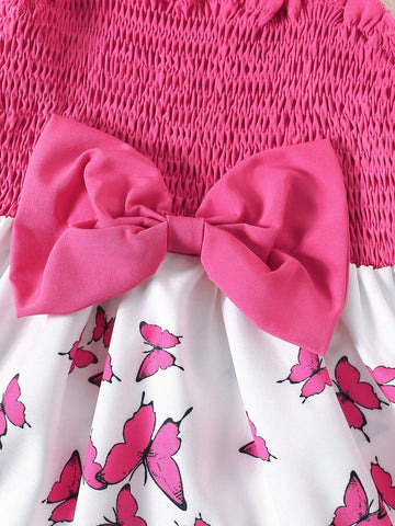 BrownBark 3pcs Girls' Summer Outfit - Spaghetti Strap Dress With Bowknot & Floral Print, Featuring Ruffle Waist And Spaghetti Strap