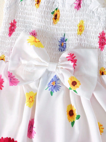 BrownBark 3pcs Girls' Summer Outfit - Spaghetti Strap Dress With Bowknot & Floral Print, Featuring Ruffle Waist And Spaghetti Strap