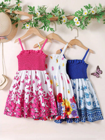 BrownBark 3pcs Girls' Summer Outfit - Spaghetti Strap Dress With Bowknot & Floral Print, Featuring Ruffle Waist And Spaghetti Strap