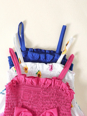 BrownBark 3pcs Girls' Summer Outfit - Spaghetti Strap Dress With Bowknot & Floral Print, Featuring Ruffle Waist And Spaghetti Strap