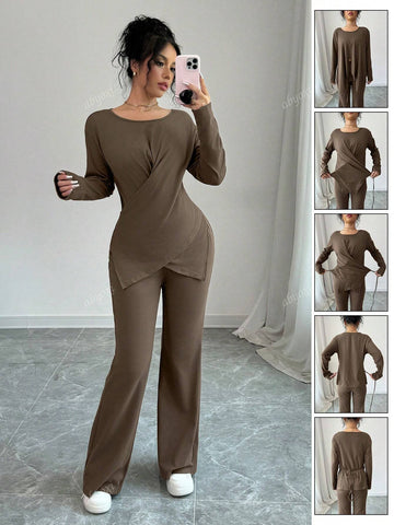 Brown Color Casual Round Neck Long Sleeve Wrap Tie Knot Asymmetrical Hem Top And Bell-Bottomed Pants Two Piece Set,2pcs Set,Fashionable,Comfortable,Daily,2024 Autumn And Winter New Women's Clothing