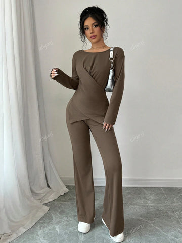 Brown Color Casual Round Neck Long Sleeve Wrap Tie Knot Asymmetrical Hem Top And Bell-Bottomed Pants Two Piece Set,2pcs Set,Fashionable,Comfortable,Daily,2024 Autumn And Winter New Women's Clothing