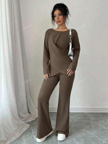 Brown Color Casual Round Neck Long Sleeve Wrap Tie Knot Asymmetrical Hem Top And Bell-Bottomed Pants Two Piece Set,2pcs Set,Fashionable,Comfortable,Daily,2024 Autumn And Winter New Women's Clothing