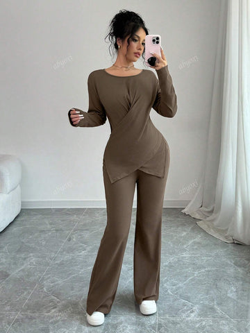 Brown Color Casual Round Neck Long Sleeve Wrap Tie Knot Asymmetrical Hem Top And Bell-Bottomed Pants Two Piece Set,2pcs Set,Fashionable,Comfortable,Daily,2024 Autumn And Winter New Women's Clothing