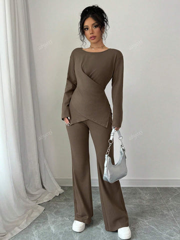 Brown Color Casual Round Neck Long Sleeve Wrap Tie Knot Asymmetrical Hem Top And Bell-Bottomed Pants Two Piece Set,2pcs Set,Fashionable,Comfortable,Daily,2024 Autumn And Winter New Women's Clothing